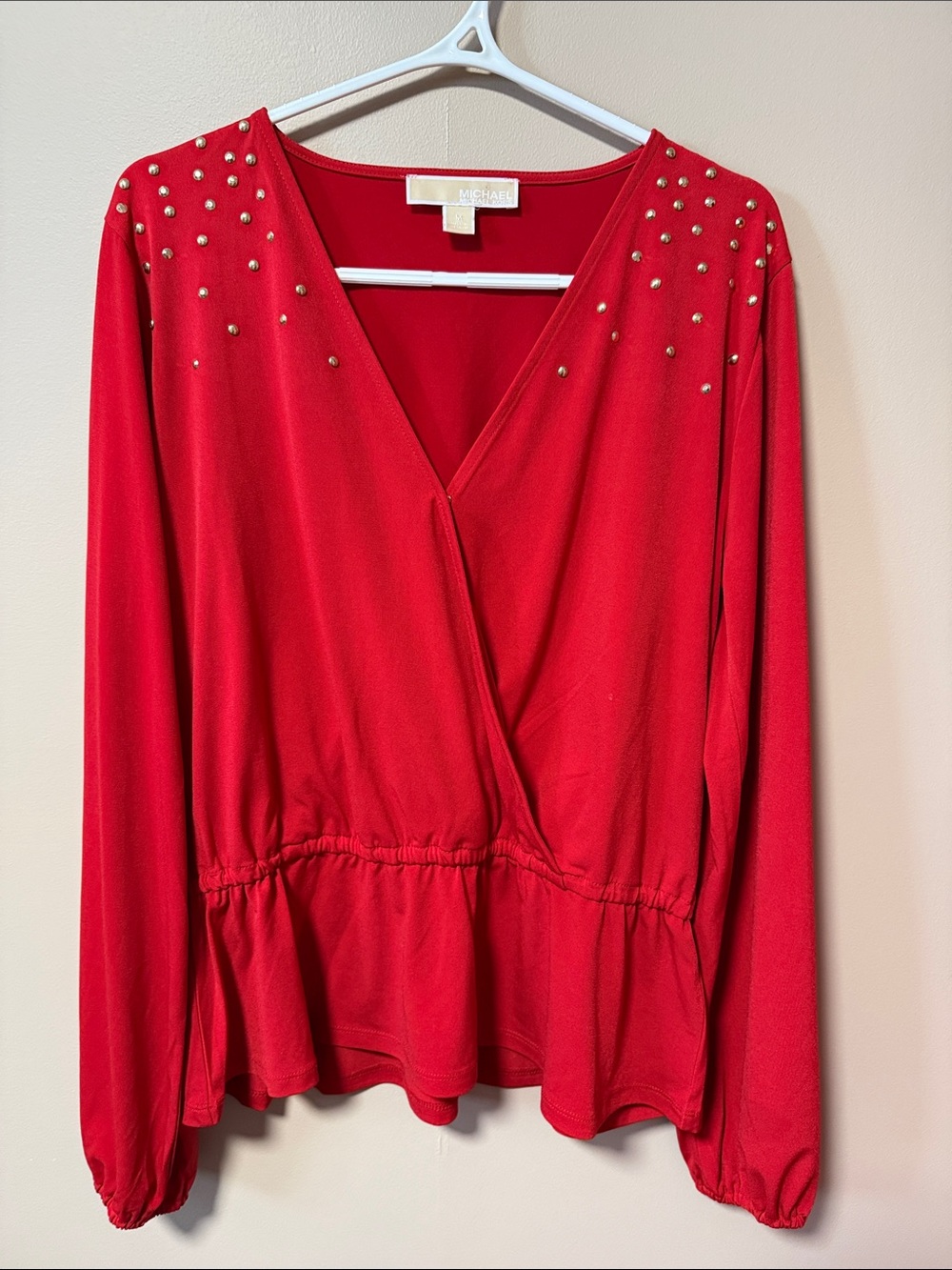 MICHAEL Michael Kors Red V‑Neck Wrap Peplum Top with Studs